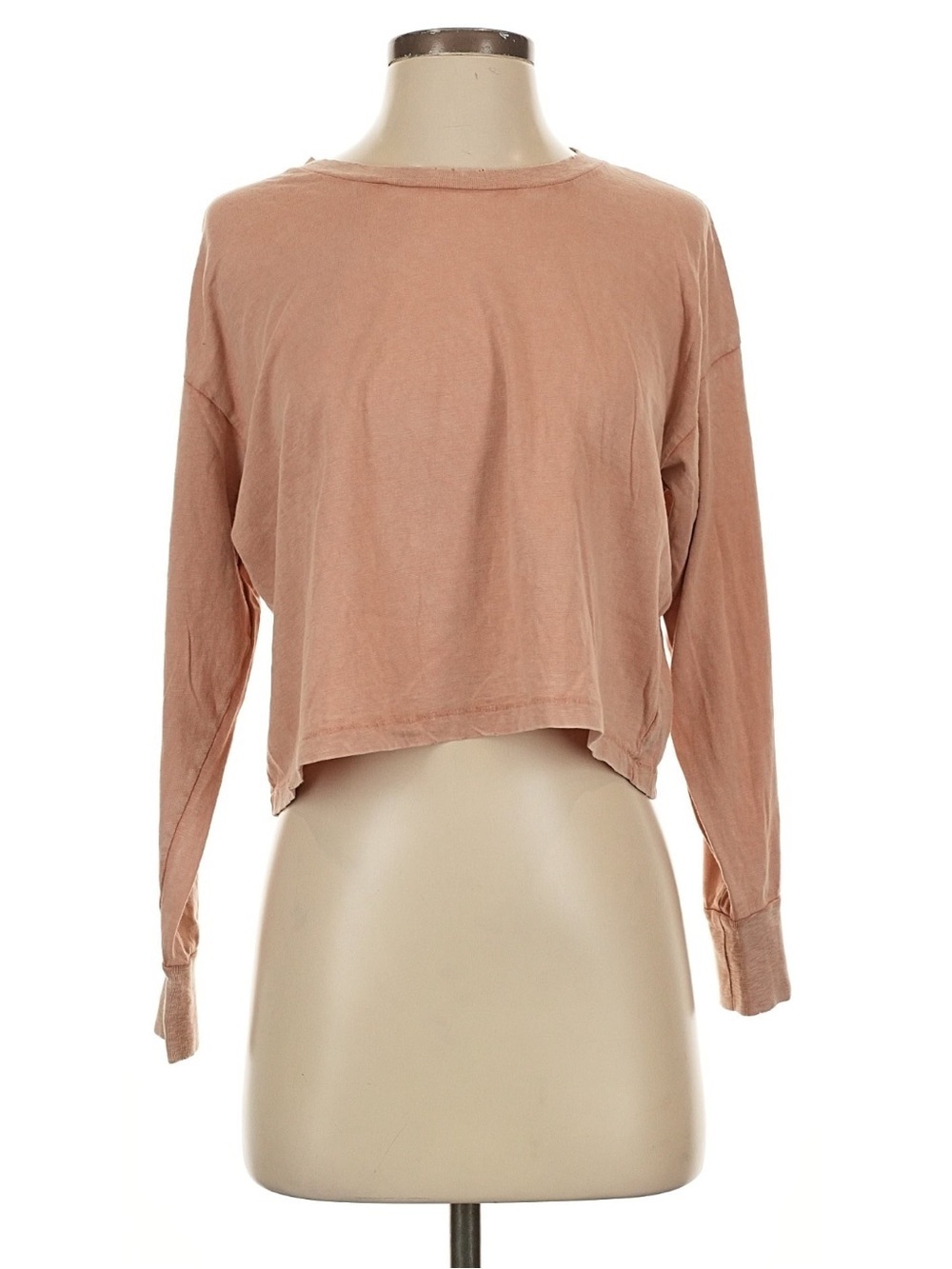 Aerie Womens Size Medium Long Sleeve T-Shirt Cropped Tan Brown Distressed Cotton